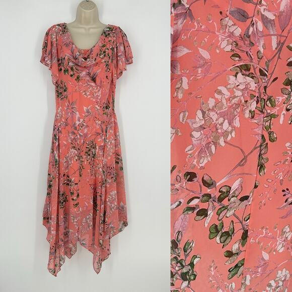 Vintage Y2K Fairy Signiture Robbie Bee Sz 10 Midi Dress Floral Cowl Neck L Pink - Picture 1 of 14